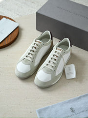 Brunello Cucinelli Men Mixed Suede & Leather Paneled Low‑Top Lace‑Up Sneakers, Luxury Italian Casual Trainers For Smart‑Casual Daily Commute