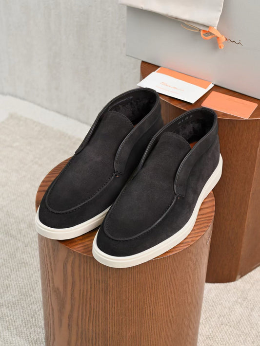 Santoni Black Suede Mid‑Top Slip‑On Loafers | Premium Italian Men Luxury Footwear