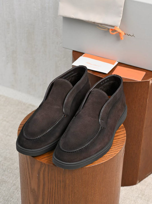 Santoni Black Suede Mid‑Top Slip‑On Loafers | Premium Italian Men Luxury Footwear