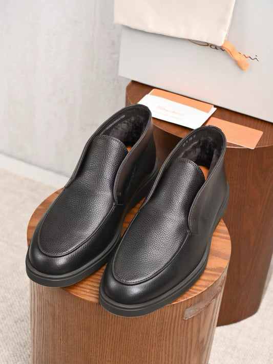 Santoni men's leather lined mid top loafers, Italian luxury flat casual shoes