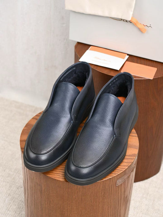 Santoni men's leather lined mid top loafers, Italian luxury flat casual shoes