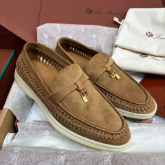 Summer Charms Walk Loafer Women Woven Cutout Suede Slip‑On Loafers, Gold Lock Charm Flat Casual Walking Shoes