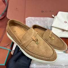 Summer Charms Walk Loafer Women Woven Cutout Suede Slip‑On Loafers, Gold Lock Charm Flat Casual Walking Shoes