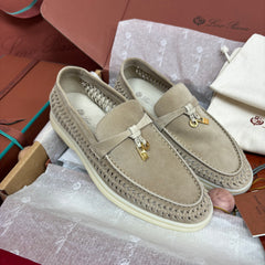 Summer Charms Walk Loafer Women Woven Cutout Suede Slip‑On Loafers, Gold Lock Charm Flat Casual Walking Shoes