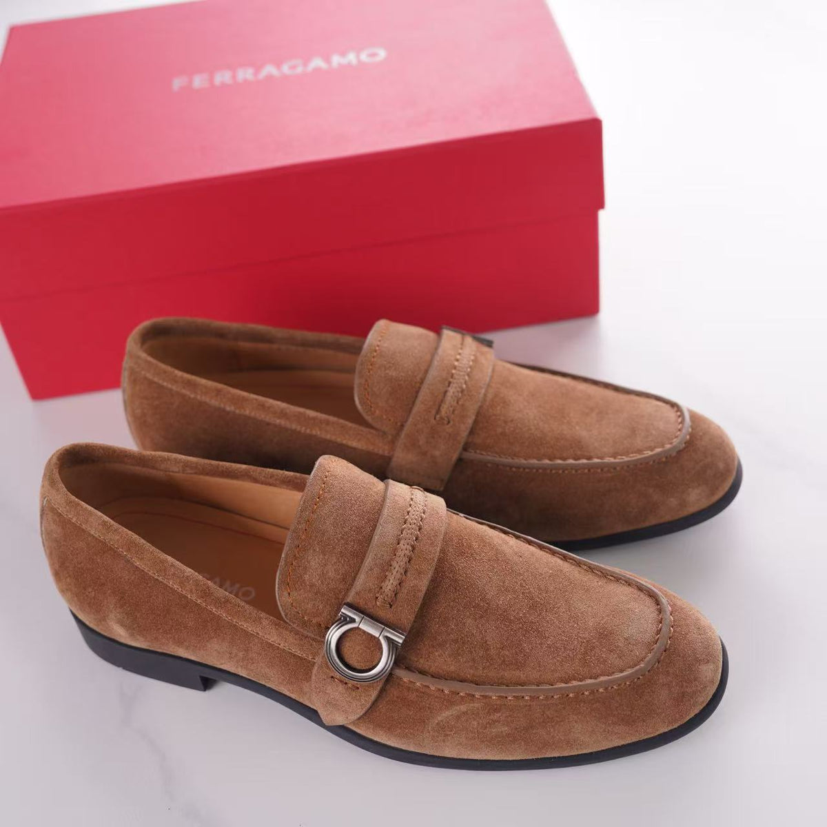 Ferragamo Gancini Ornament Suede Loafers