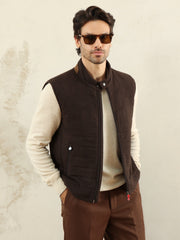 Kiton Quilted Vest, Men Wool Quilted Leather Trim Sleeveless Waistcoat