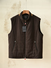 Kiton Quilted Vest, Men Wool Quilted Leather Trim Sleeveless Waistcoat