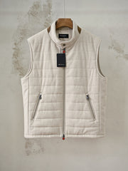 Kiton Quilted Vest, Men Wool Quilted Leather Trim Sleeveless Waistcoat