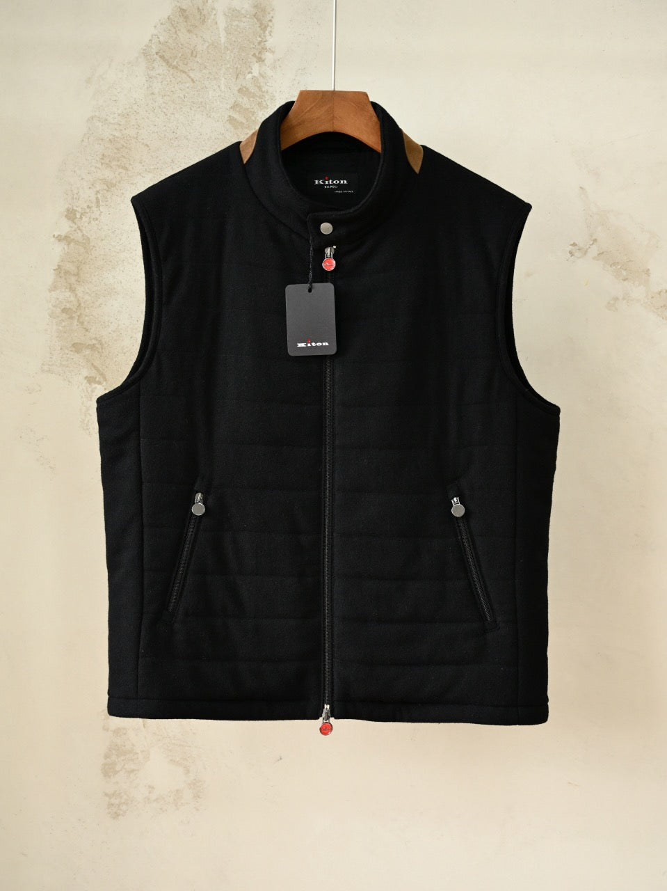 Kiton Quilted Vest, Men Wool Quilted Leather Trim Sleeveless Waistcoat