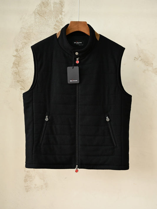 Kiton Quilted Vest, Men Wool Quilted Leather Trim Sleeveless Waistcoat