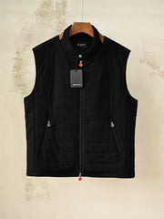 Kiton Quilted Vest, Men Wool Quilted Leather Trim Sleeveless Waistcoat