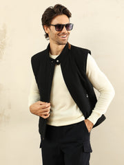 Kiton Quilted Vest, Men Wool Quilted Leather Trim Sleeveless Waistcoat