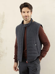 Kiton Quilted Vest, Men Wool Quilted Leather Trim Sleeveless Waistcoat
