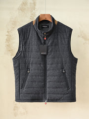 Kiton Quilted Vest, Men Wool Quilted Leather Trim Sleeveless Waistcoat