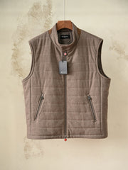 Kiton Quilted Vest, Men Wool Quilted Leather Trim Sleeveless Waistcoat