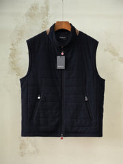 Kiton Quilted Vest, Men Wool Quilted Leather Trim Sleeveless Waistcoat