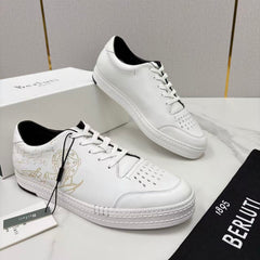 Berluti Playtime Scritto Leather Sneaker, Men Venezia Calfskin Low Top Sneakers, Hand Patina Scritto Calligraphy Engraved Lace-up Casual Shoes, Lightweight Rubber Sole Luxury Daily Board Shoes