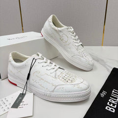 Berluti Playtime Scritto Leather Sneaker, Men Venezia Calfskin Low Top Sneakers, Hand Patina Scritto Calligraphy Engraved Lace-up Casual Shoes, Lightweight Rubber Sole Luxury Daily Board Shoes