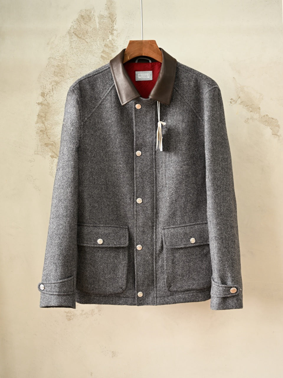 Brunello Cucinelli Cashmere and Silk Diagonal Field Jacket with Nappa Leather Inserts, Men Wool Blend Hunting Coat Button Front Multi Pockets Outerwear