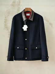 Brunello Cucinelli Cashmere and Silk Diagonal Field Jacket with Nappa Leather Inserts, Men Wool Blend Hunting Coat Button Front Multi Pockets Outerwear