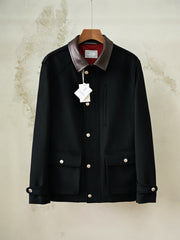 Brunello Cucinelli Cashmere and Silk Diagonal Field Jacket with Nappa Leather Inserts, Men Wool Blend Hunting Coat Button Front Multi Pockets Outerwear