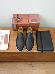 Loro Piana Summer Walk Loafer Men's Grain Leather Slip-on Loafers, Handcrafted Soft Calfskin Casual Business Shoes