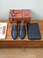 Loro Piana Summer Walk Loafer Men's Grain Leather Slip-on Loafers, Handcrafted Soft Calfskin Casual Business Shoes
