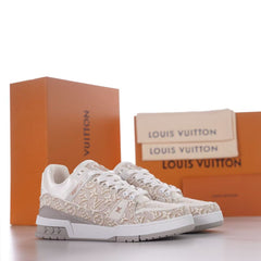 LV Trainer Monogram Denim Sneaker Men Low‑Top Basketball‑Inspired Shoes, Monogram Denim & Leather Upper, Signature Logo Details