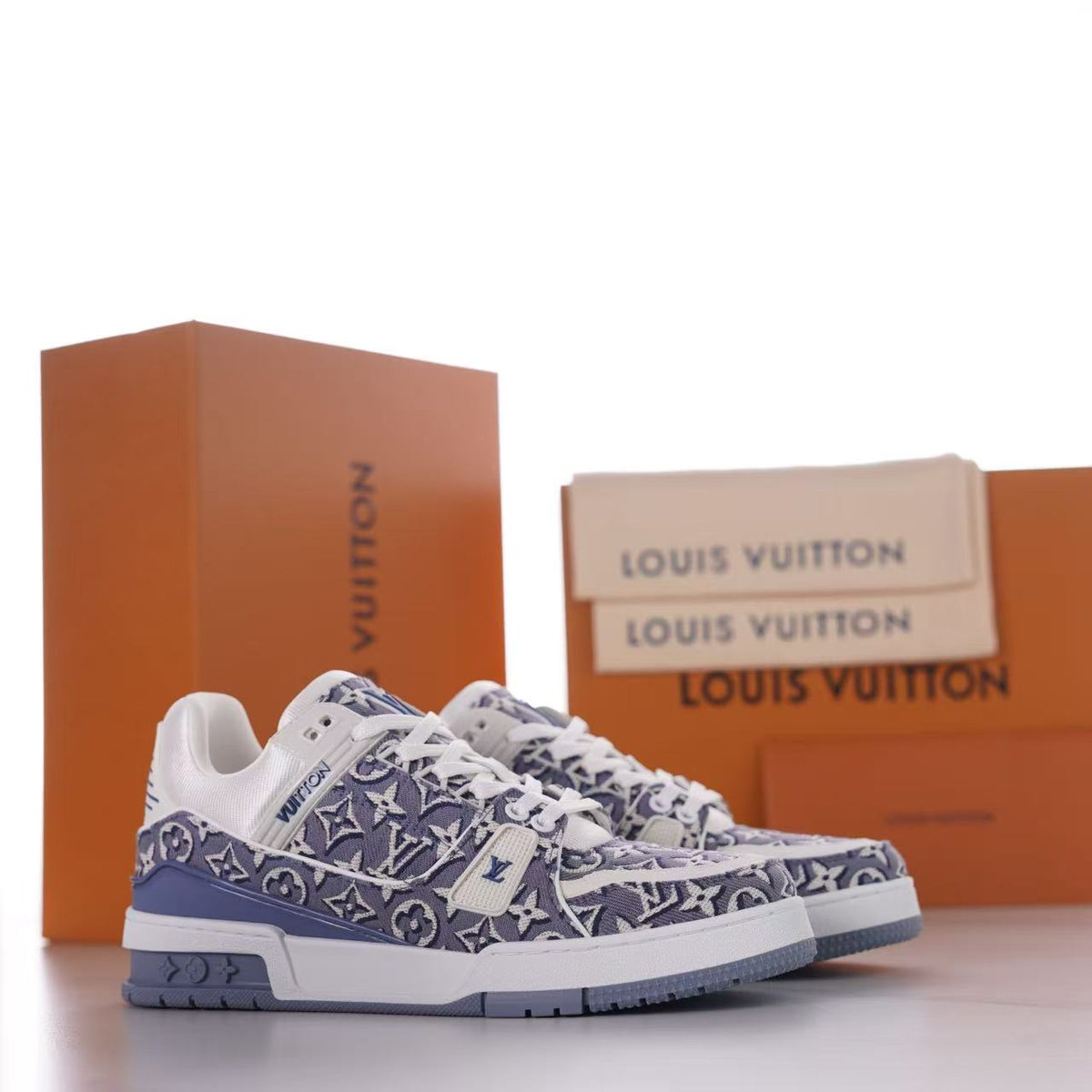 LV Trainer Monogram Denim Sneaker Men Low‑Top Basketball‑Inspired Shoes, Monogram Denim & Leather Upper, Signature Logo Details