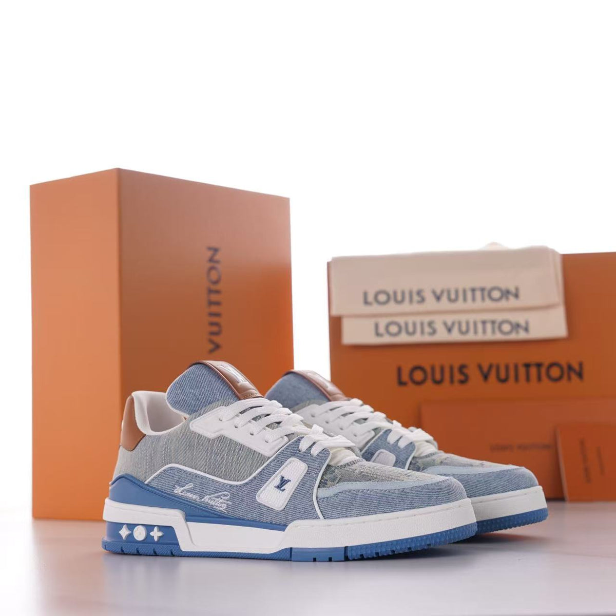 LV Trainer Mixed‑Material Sneaker Men Low‑Top Basketball Style Shoes, Suede & Textile Fabric Upper, Signature Script Embroidery