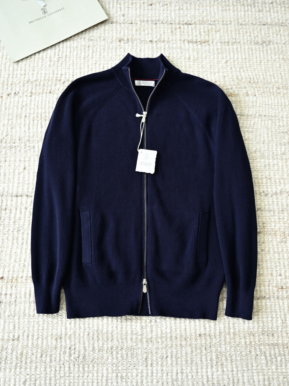 Brunello Cucinelli Ribbed-Knit Zip-Up Cardigan With Raglan Sleeves And Side Pockets, Men's Full Zip Stand Collar Vertical Rib Knit Sweater Jacket