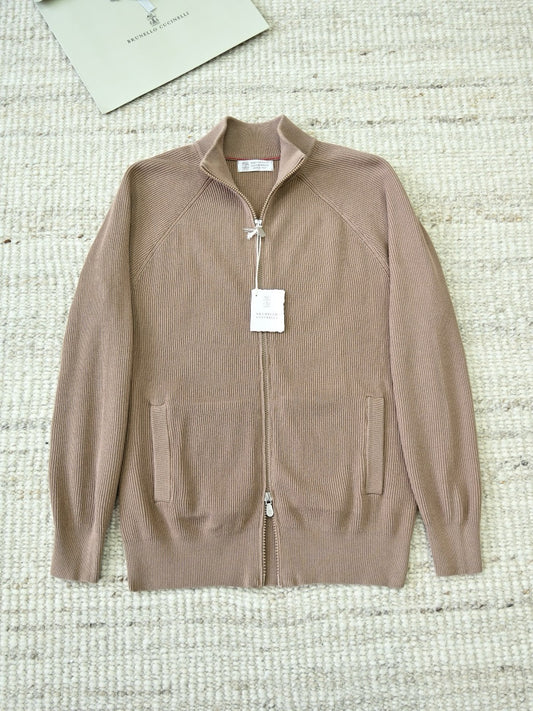 Brunello Cucinelli Ribbed-Knit Zip-Up Cardigan With Raglan Sleeves And Side Pockets, Men's Full Zip Stand Collar Vertical Rib Knit Sweater Jacket