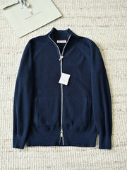 Brunello Cucinelli Ribbed-Knit Zip-Up Cardigan With Raglan Sleeves And Side Pockets, Men's Full Zip Stand Collar Vertical Rib Knit Sweater Jacket