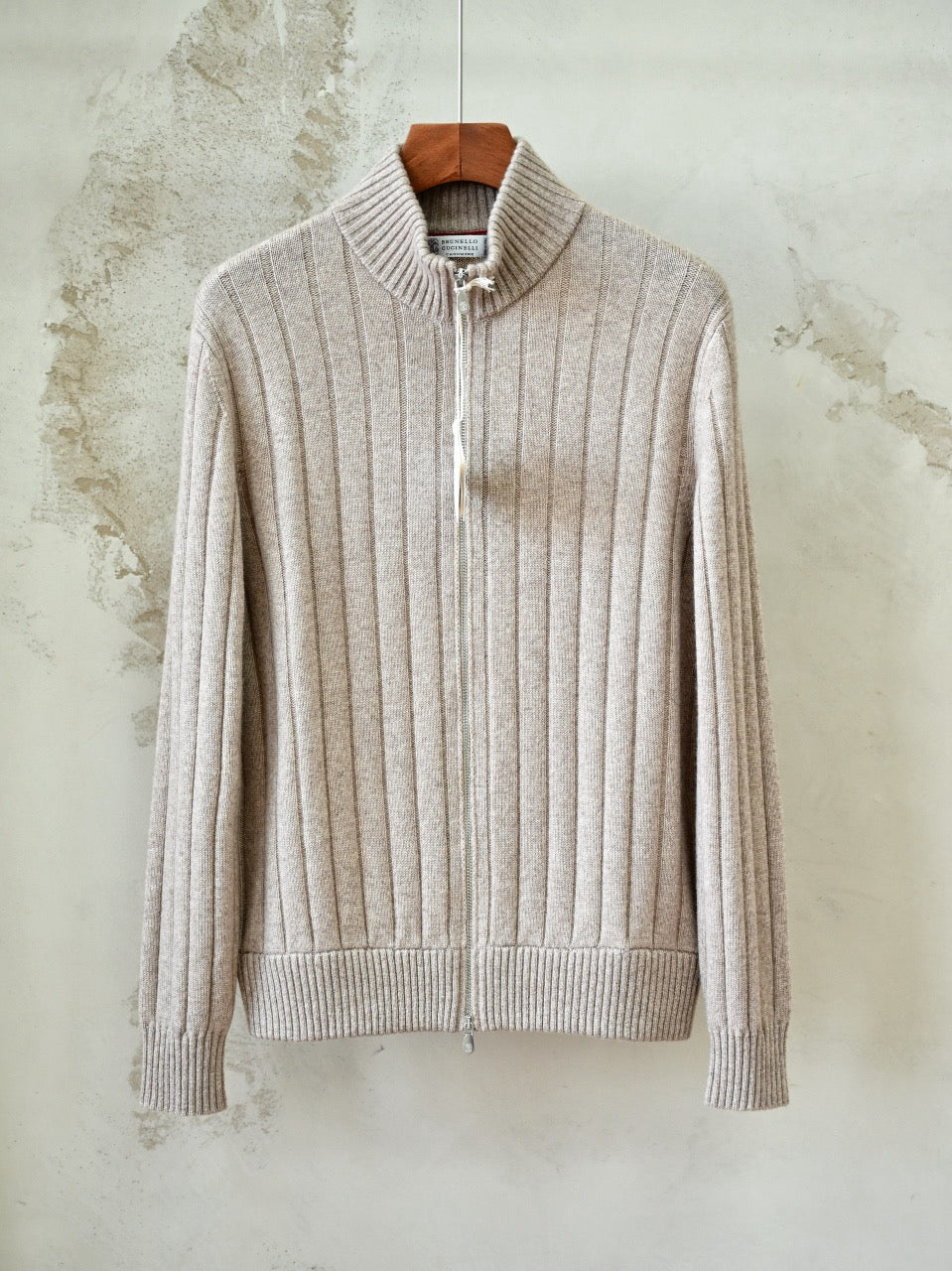 Brunello Cucinelli Ribbed-Knit Cashmere Zip-Up Cardigan, Men's Full Zip Stand Collar Vertical Rib Knit Sweater Jacket