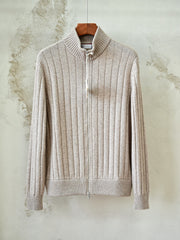 Brunello Cucinelli Ribbed-Knit Cashmere Zip-Up Cardigan, Men's Full Zip Stand Collar Vertical Rib Knit Sweater Jacket