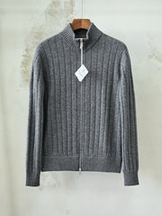 Brunello Cucinelli Ribbed-Knit Cashmere Zip-Up Cardigan, Men's Full Zip Stand Collar Vertical Rib Knit Sweater Jacket