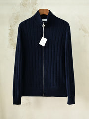 Brunello Cucinelli Ribbed-Knit Cashmere Zip-Up Cardigan, Men's Full Zip Stand Collar Vertical Rib Knit Sweater Jacket