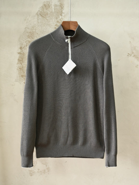 Brunello Cucinelli Cotton English Rib Sweater With Half Zip And Raglan Sleeves, Men's Quarter Zip Mock Neck Ribbed Knit Sweater