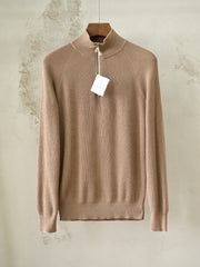 Brunello Cucinelli Cotton English Rib Sweater With Half Zip And Raglan Sleeves, Men's Quarter Zip Mock Neck Ribbed Knit Sweater