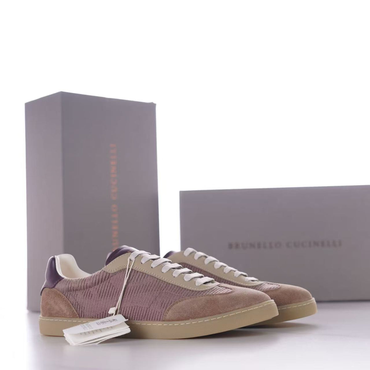 Brunello Cucinelli Knitted Cotton And Suede Low-Top Sneakers, Men's Lace-Up Round Toe Knit Suede Combination Trainers