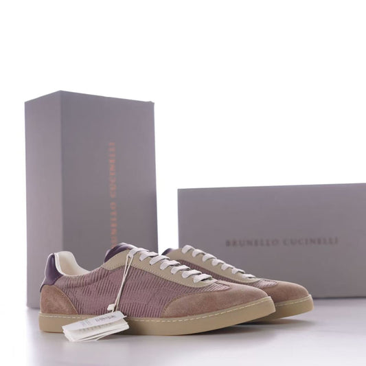 Brunello Cucinelli Knitted Cotton And Suede Low-Top Sneakers, Men's Lace-Up Round Toe Knit Suede Combination Trainers
