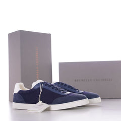 Brunello Cucinelli Knitted Cotton And Suede Low-Top Sneakers, Men's Lace-Up Round Toe Knit Suede Combination Trainers