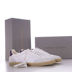 Brunello Cucinelli Knitted Cotton And Suede Low-Top Sneakers, Men's Lace-Up Round Toe Knit Suede Combination Trainers