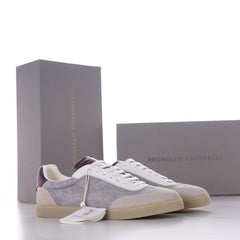 Brunello Cucinelli Knitted Cotton And Suede Low-Top Sneakers, Men's Lace-Up Round Toe Knit Suede Combination Trainers