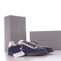 Brunello Cucinelli Knitted Cotton And Suede Low-Top Sneakers, Men's Lace-Up Round Toe Knit Suede Combination Trainers