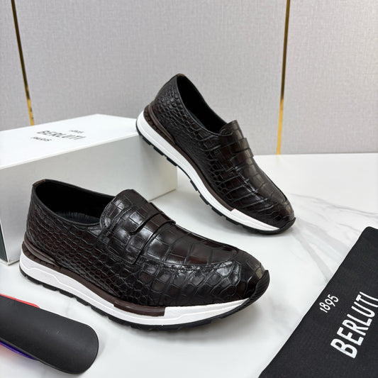 Berluti Fast Track Croc-Embossed Leather Penny Loafer Sneakers, Men's Slip-On Hybrid Loafer Thick Sole Trainers