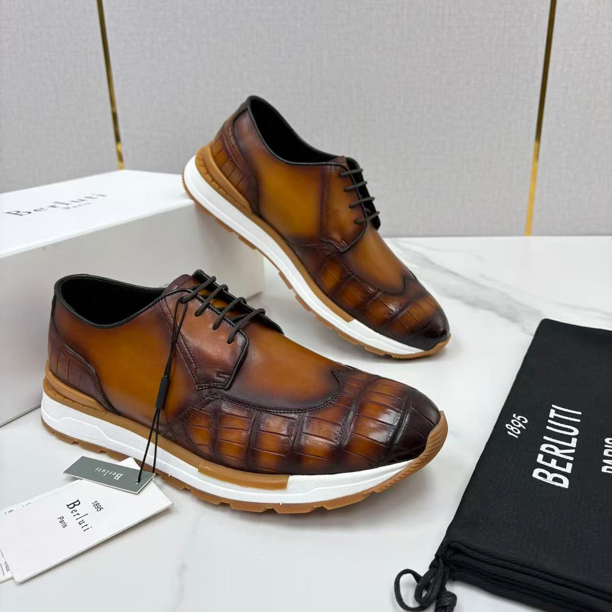 Berluti Fast Track Croc-Embossed Patina Leather Derby Sneakers, Men's Lace-Up Hybrid Dress Casual Thick Sole Trainers