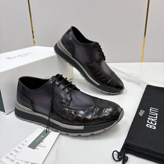 Berluti Fast Track Croc-Embossed Patina Leather Derby Sneakers, Men's Lace-Up Hybrid Dress Casual Thick Sole Trainers