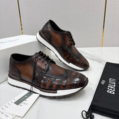 Berluti Fast Track Croc-Embossed Patina Leather Derby Sneakers, Men's Lace-Up Hybrid Dress Casual Thick Sole Trainers
