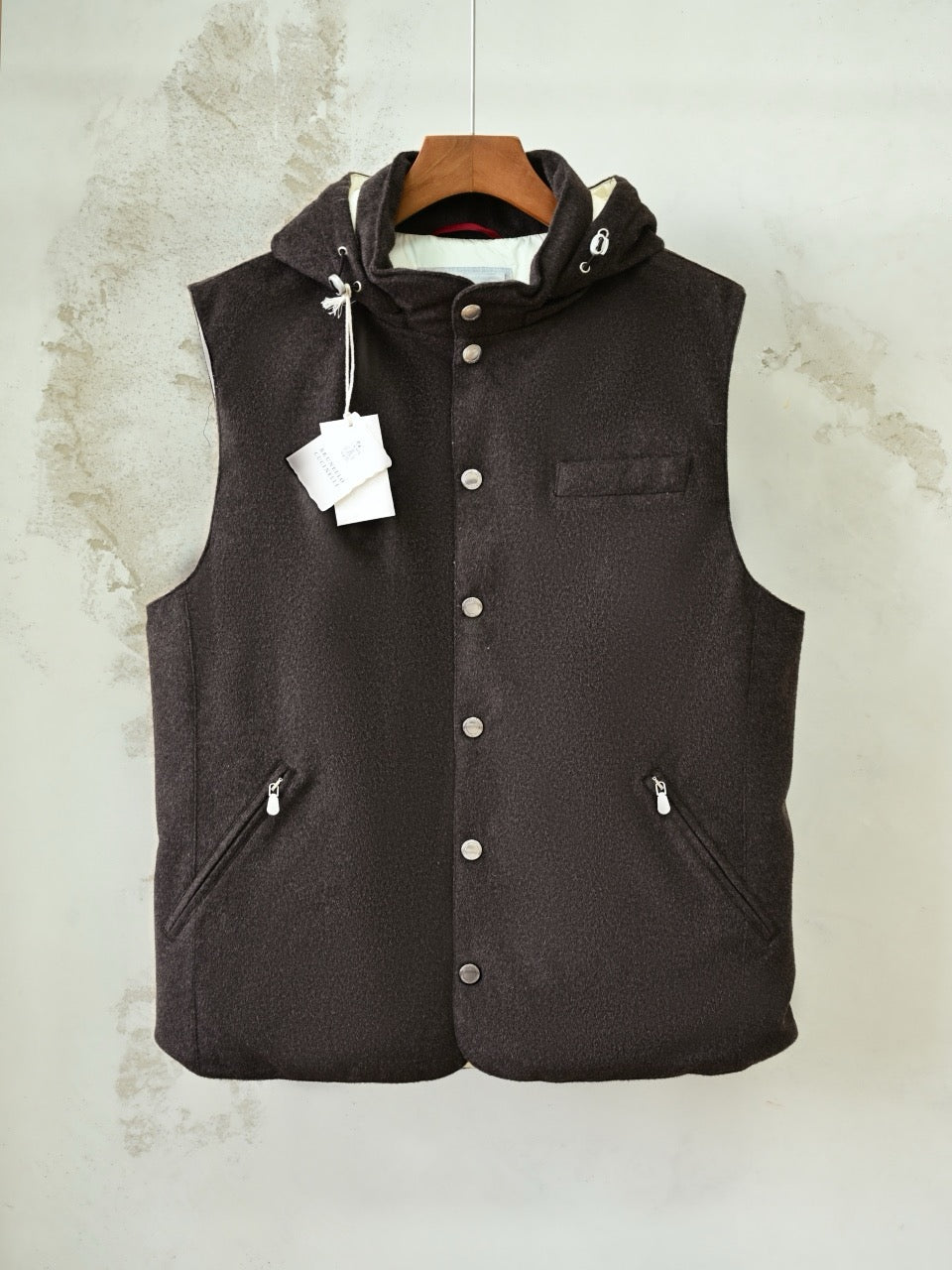 Brunello Cucinelli Bonded Wool Flannel Down Vest With Drawstring Hood